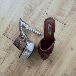 Brown Patent Quilted Platform Mules Heels